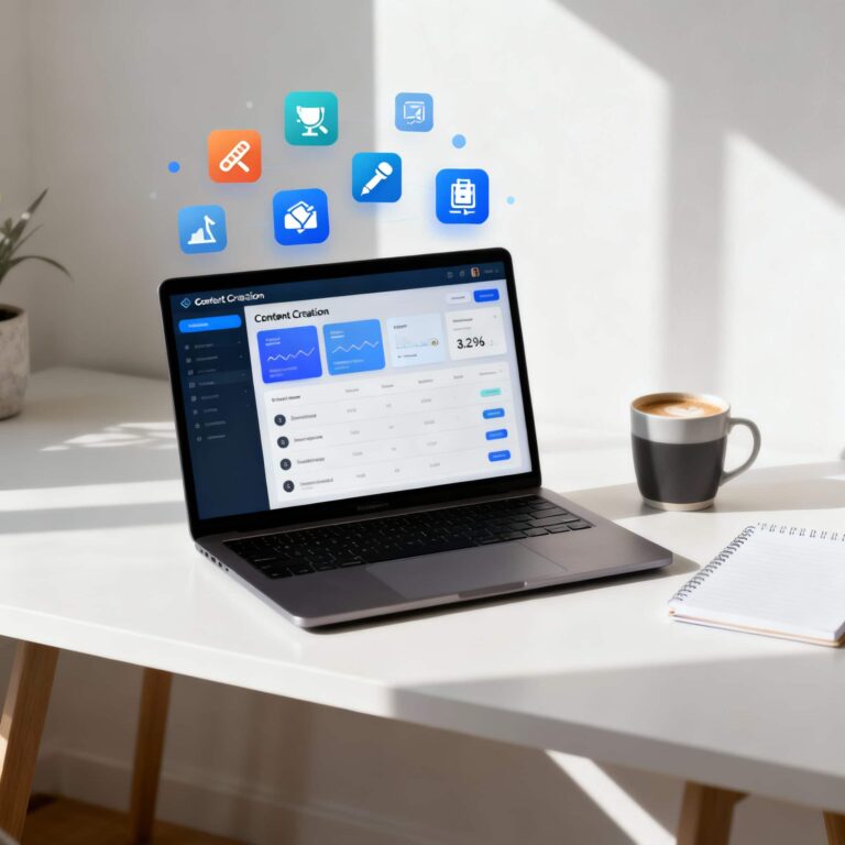 Digital content creation workspace with modern marketing tools and professional setup