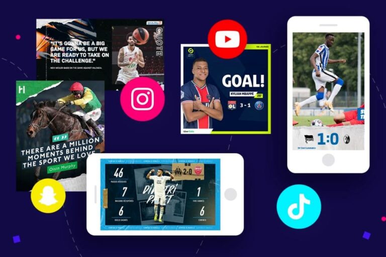 Digital marketing visuals illustrating how sports brands engage fans through Instagram, YouTube, Snapchat, and TikTok