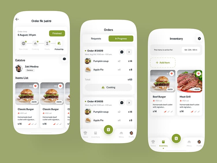 Food Businesses | Mobile app design showcasing restaurant order management, item listings, and inventory control for food service businesses