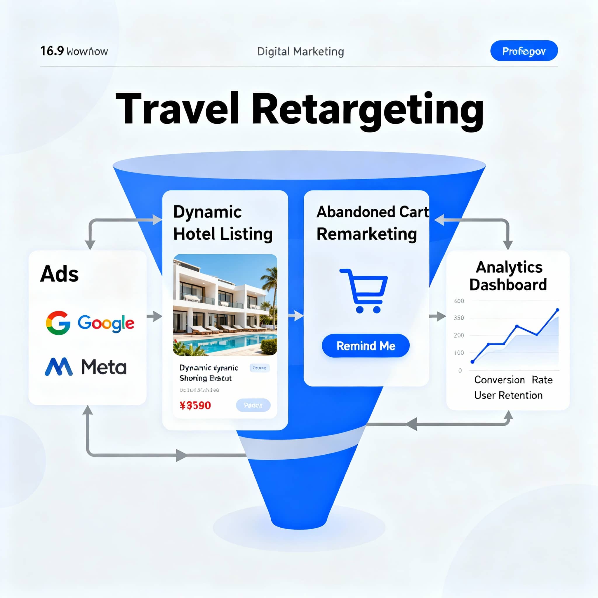 Travel retargeting funnel with dynamic hotel listing, abandoned cart remarketing, Google and Meta ads