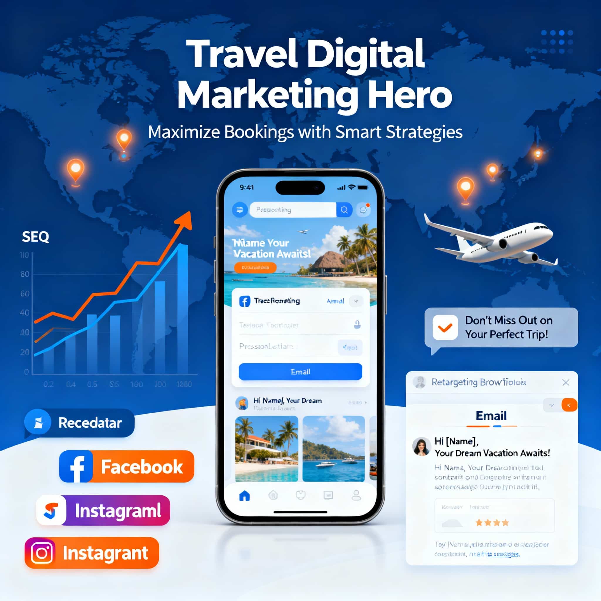 Travel digital marketing hero: mobile booking app, SEO graph, social ads, email personalization, retargeting