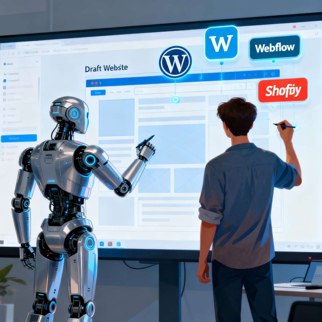Human–AI collaboration in studio, planning responsive layout with WordPress, Webflow, Shopify