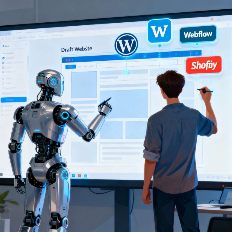 Human–AI collaboration in studio, planning responsive layout with WordPress, Webflow, Shopify