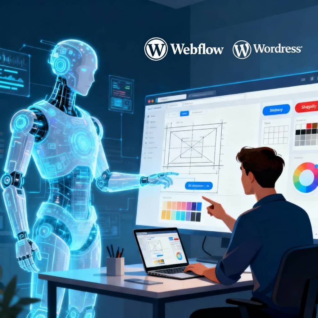 Webdesign 2030 :AI robot and web designer co-create a website on large screen; WordPress, Webflow