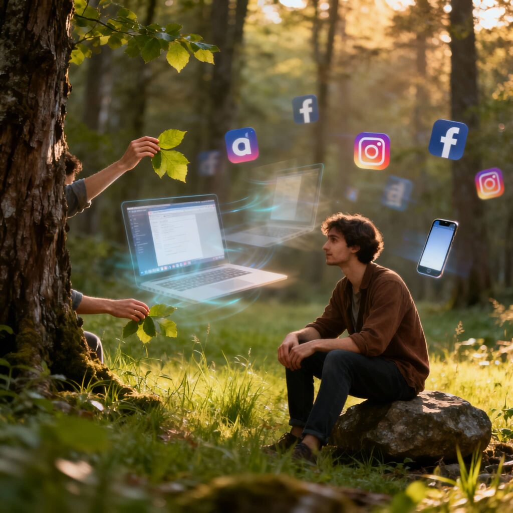 Young men are doing digital detox to be fit healthy in natural environment.