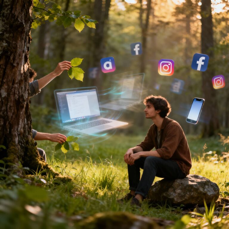 Young men are doing digital detox to be fit healthy in natural environment.