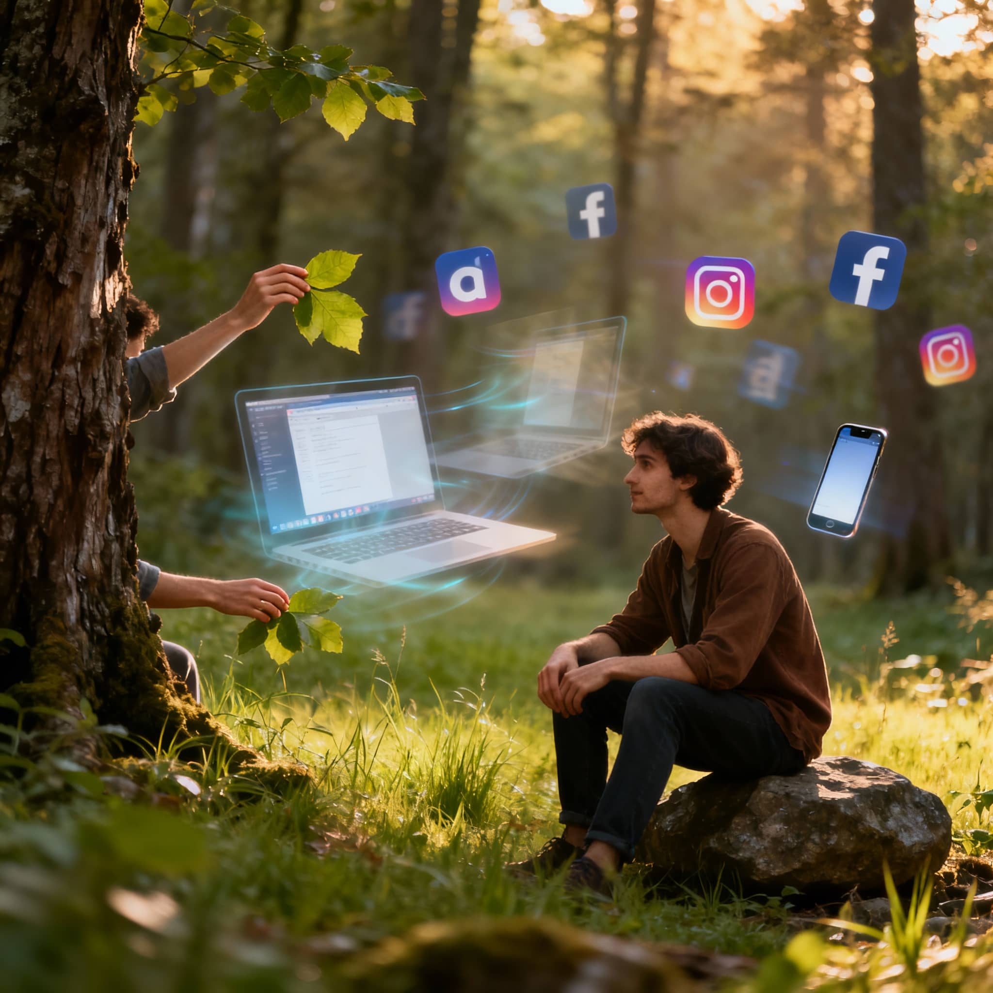 Young men are doing digital detox to be fit healthy in natural environment.