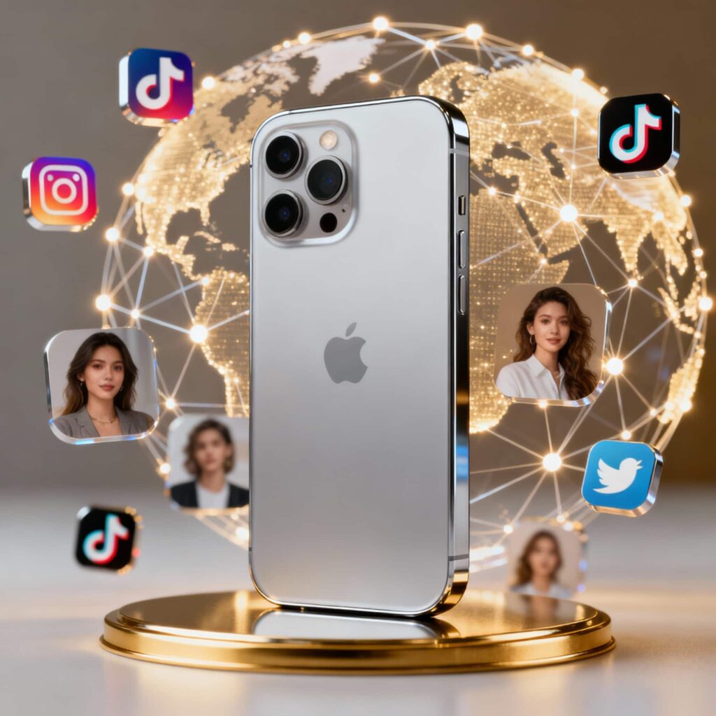iPhone 17 Pro Max with social media icons showing Apple marketing strategy and global buzz