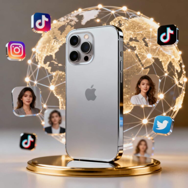 iPhone 17 Pro Max with social media icons showing Apple marketing strategy and global buzz