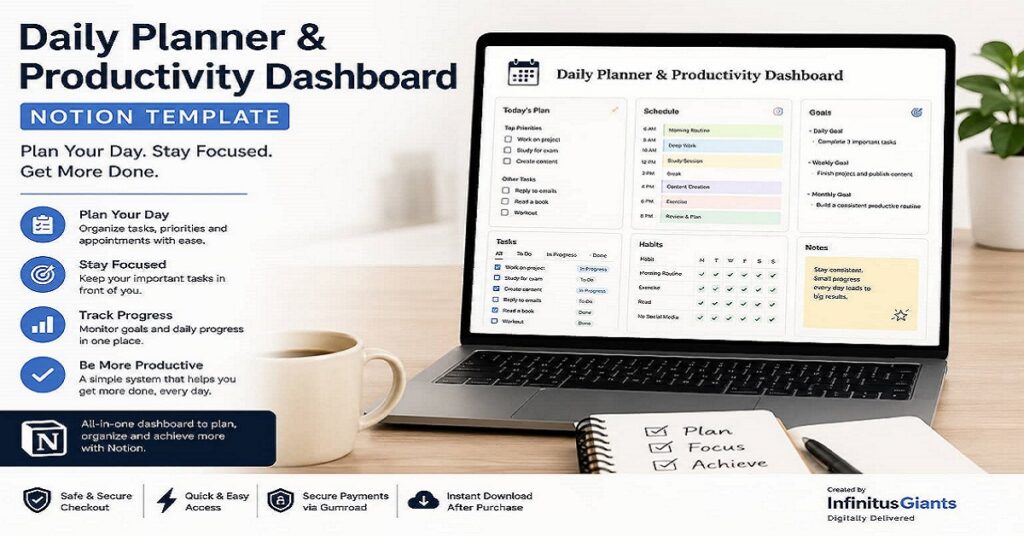 Home 19 Daily Planner & Productivity Dashboard Notion Template 2026